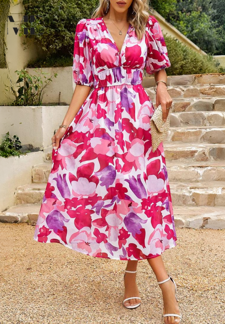 Versatile women's floral A-line midi dress, a short sleeve style great for casual wear or elegant events.