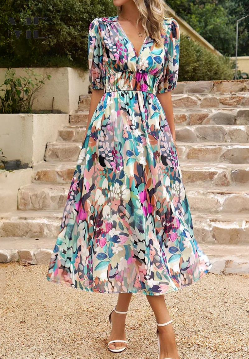 Flowy A-line midi dress for women, featuring a beautiful floral print and comfortable short sleeves.
