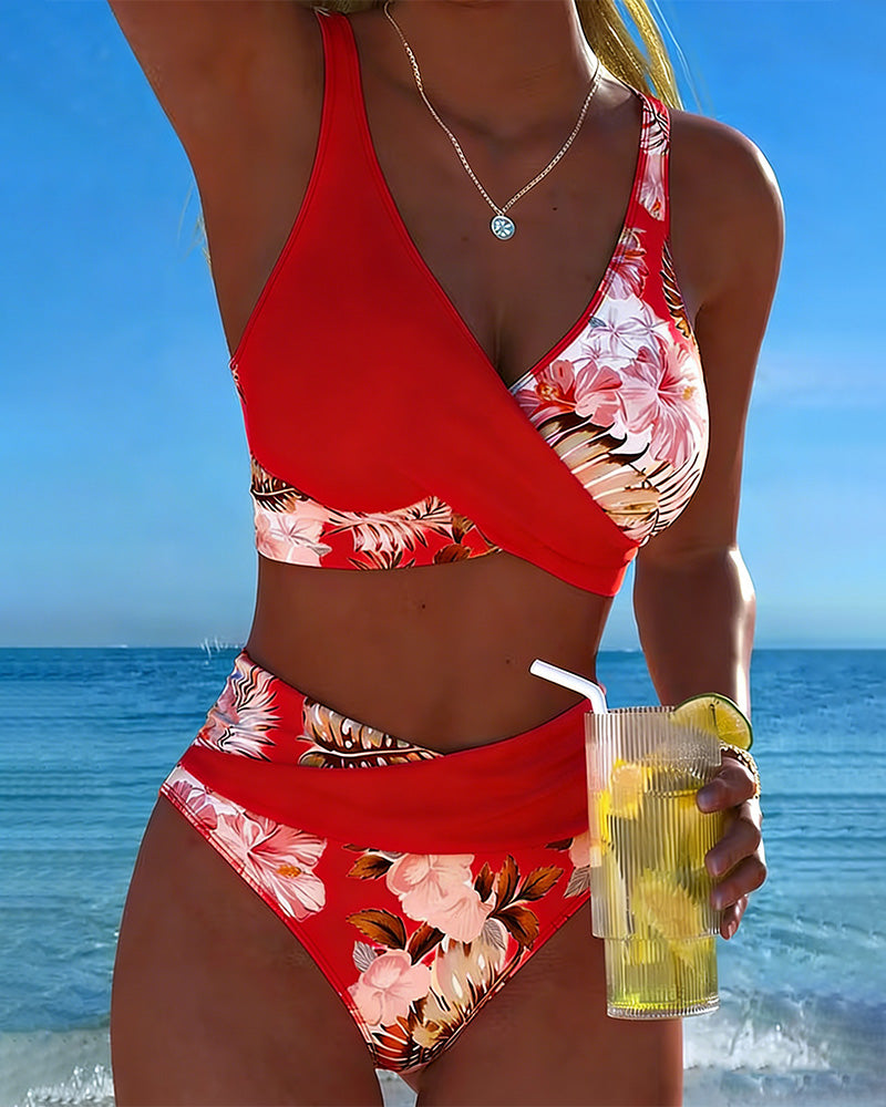 Women's pretty floral print two-piece swimwear, stylish for beach trips and poolside.