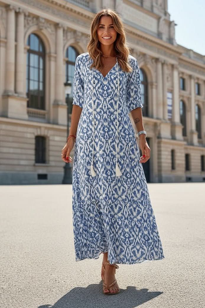 Vibrant flowy summer maxi dress for women, perfect for a casual yet elegant beach or vacation outfit.