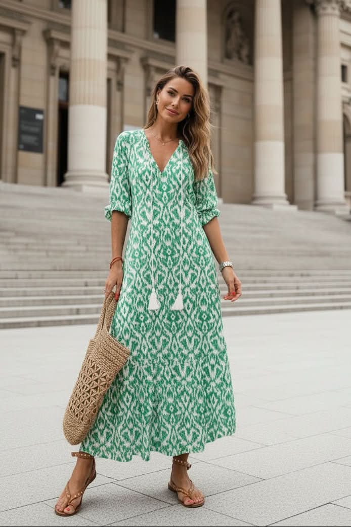 Elegant women's vibrant maxi dress, a flowy summer outfit for beach vacations or effortless day wear.