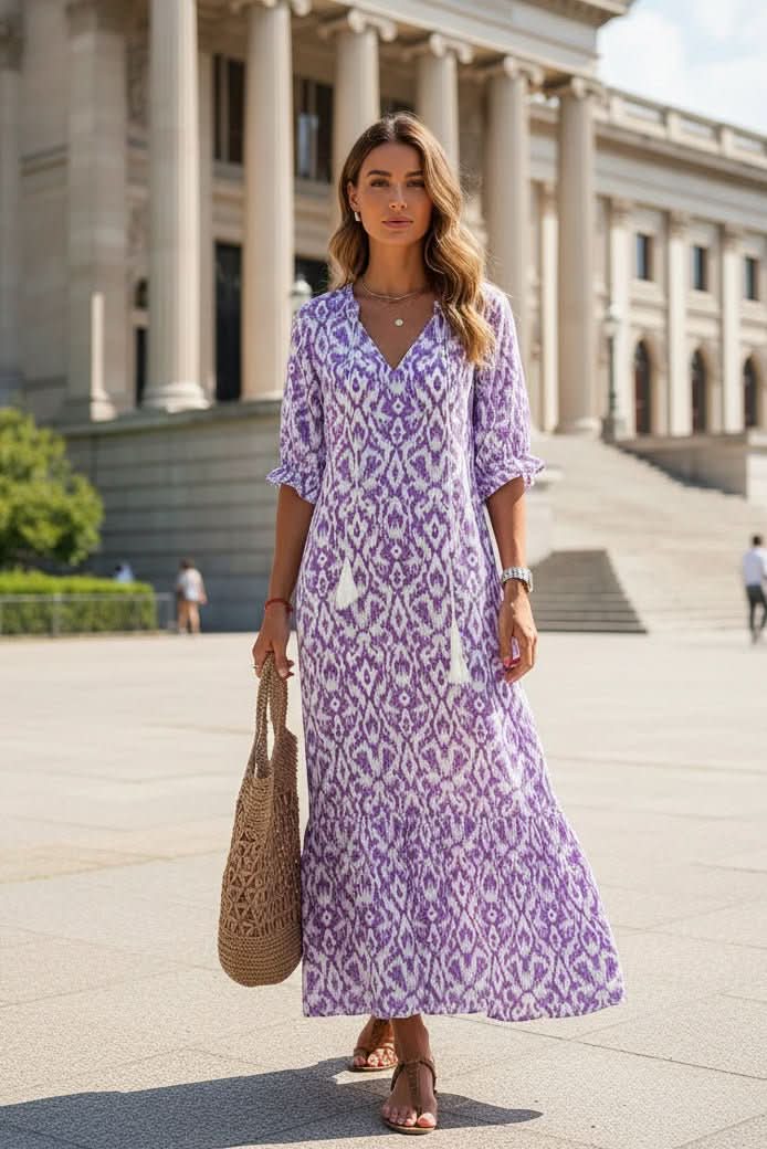 Versatile women's vibrant flowy maxi dress, suitable as a casual sundress or elegant vacation outfit.