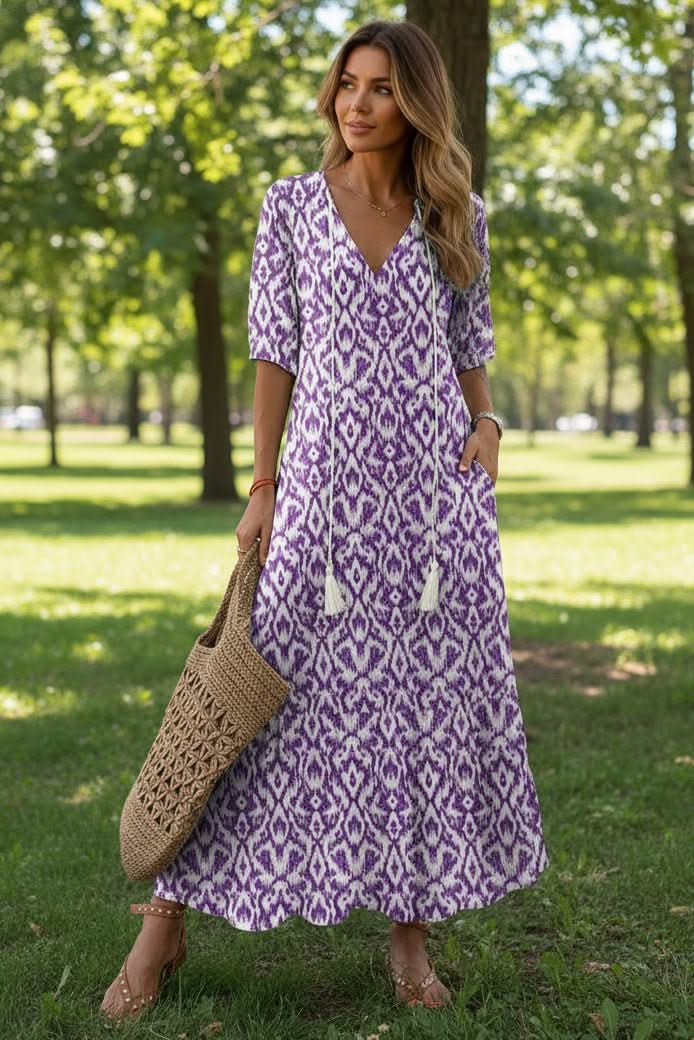 Gorgeous vibrant long flowy dress for women, perfect summer maxi for beach trips and elegant casual wear.