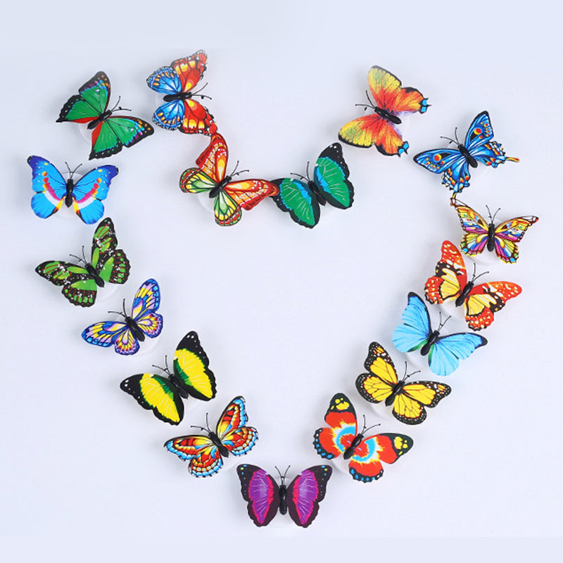 Close-up of a vibrant LED butterfly wall decal, glowing softly in a darkened room, perfect for kids