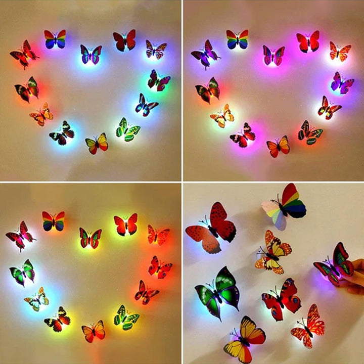 Collection of 12 LED butterfly wall decor lights, bright and colorful for home and party settings