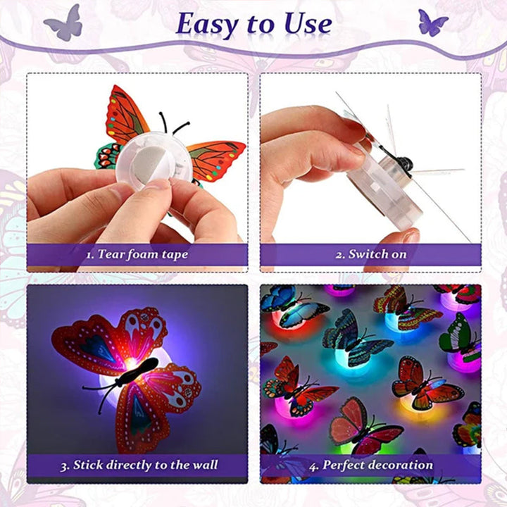Whimsical LED butterfly night lights arranged on a wall, enhancing a child's bedroom or play area