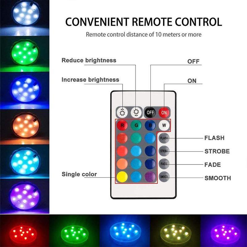 Colorful submersible LED lights for hot tub and spa, featuring remote-controlled RGB illumination.