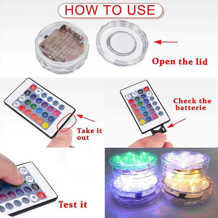 RGB submersible aquarium lights with remote, enhancing marine tank aesthetics with vibrant colors.