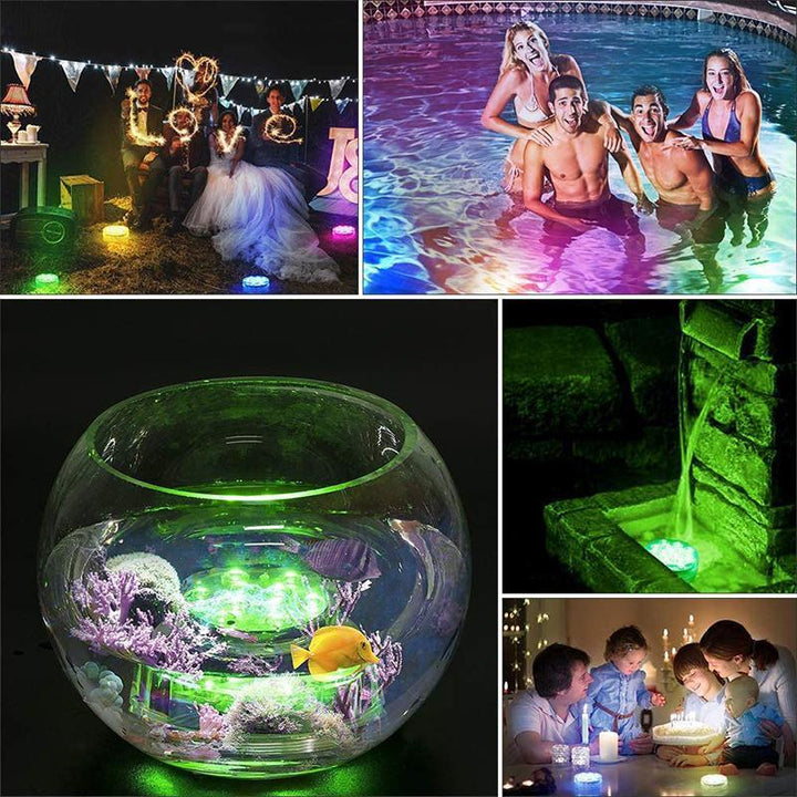 Outdoor lighting: a vibrant RGB submersible LED light illuminating a garden pond at night.