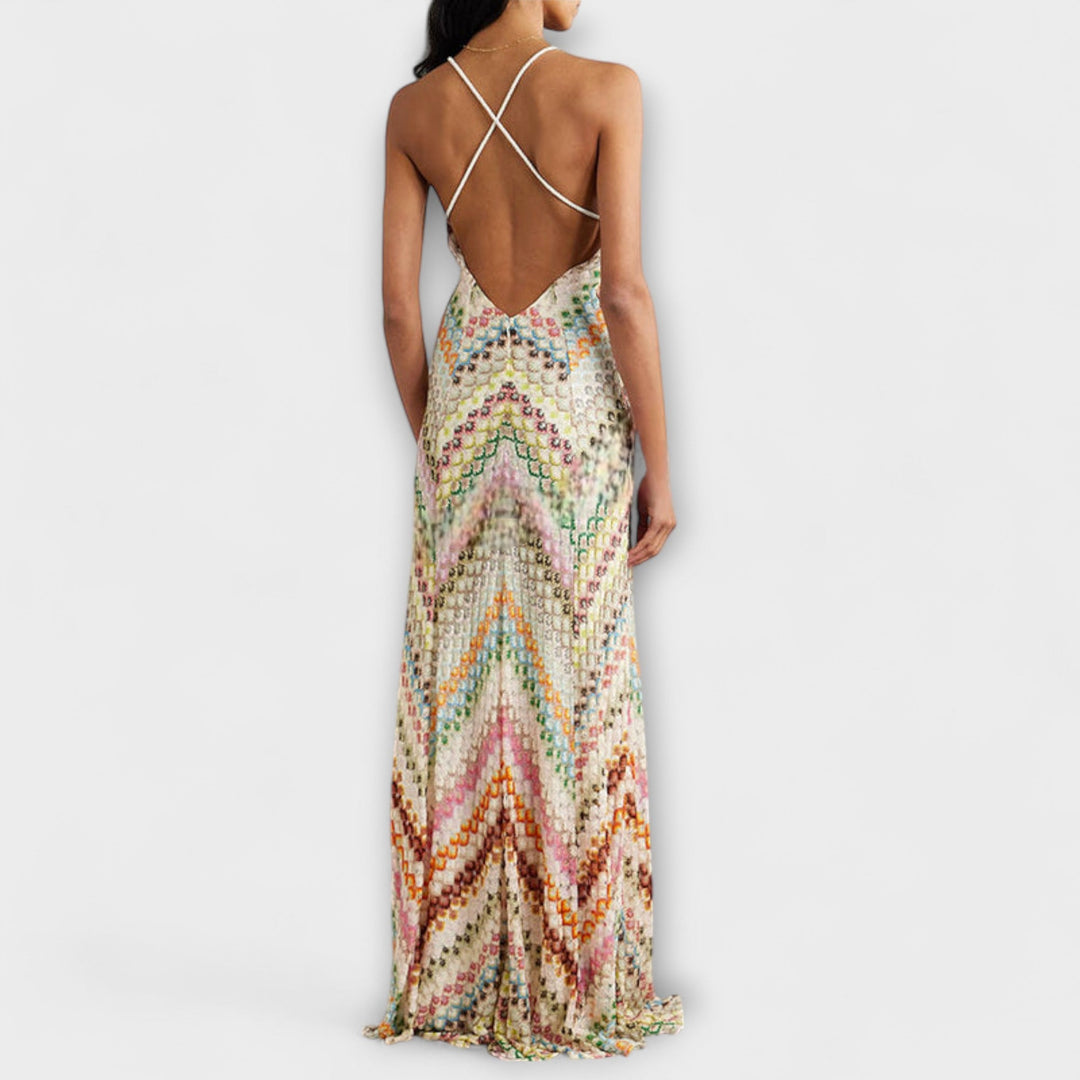Brown V-neck ankle maxi dress for women. Elegant, relaxed fit, ideal for vacation or parties. Long & stylish.