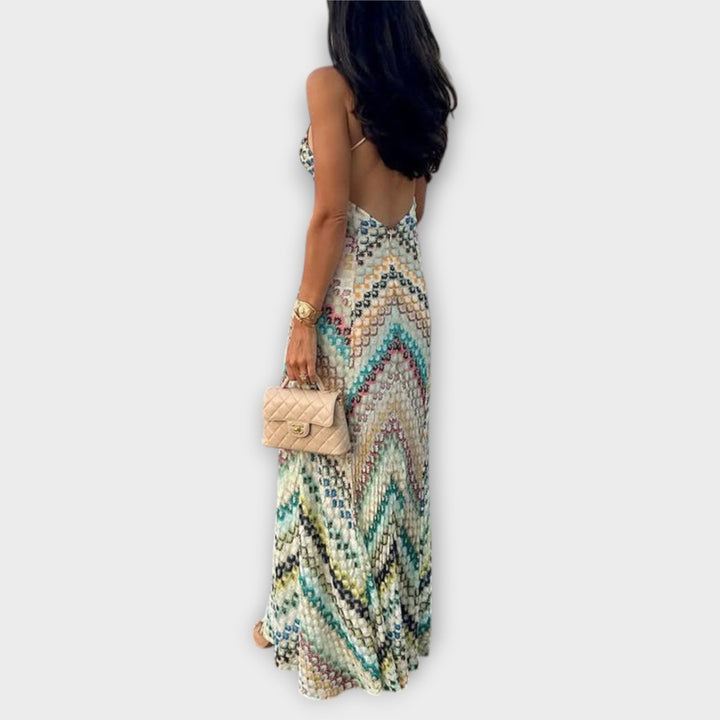 Elegant brown V-neck maxi dress for women. Ankle length, relaxed fit, perfect as a stylish party or evening dress.