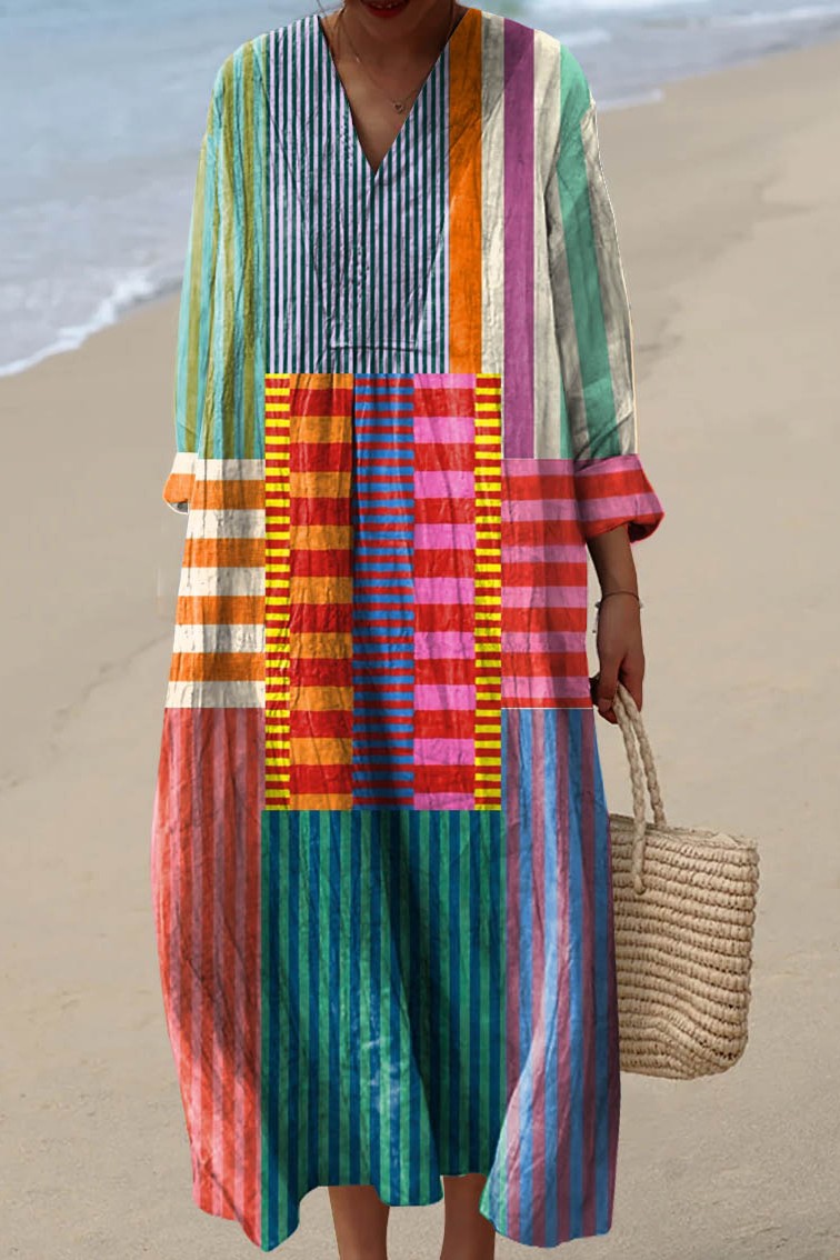 Vibrant women's color block v-neck summer dress with geometric print, relaxed fit for casual effortless style.