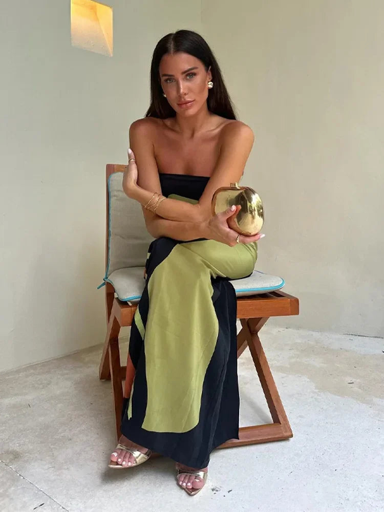 Strapless patterned maxi dress for women, offering a vibrant and bold holiday style.