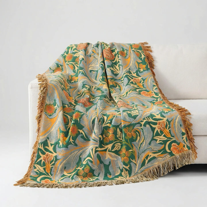 Elegant vintage floral throw blanket. Soft bedspread for cozy warmth and stylish home decor.