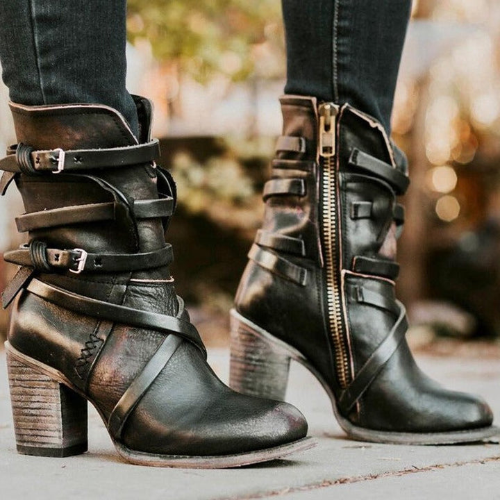 Elegant women's leather ankle boots with side zipper, vintage style, perfect for winter comfort & support.