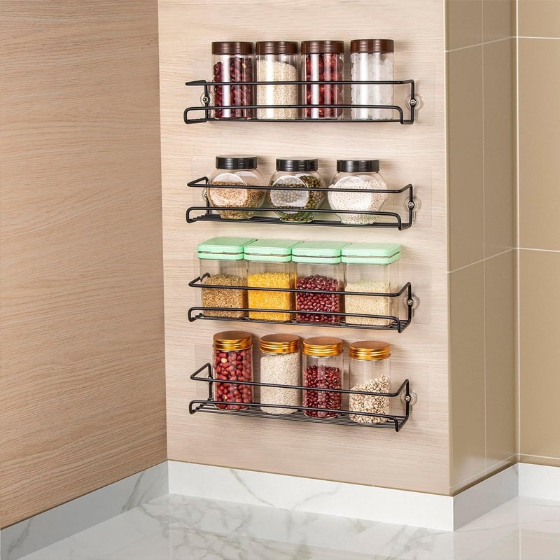 Kitchen wall-mounted spice rack, made of durable carbon steel, neatly organizing seasoning bottles.