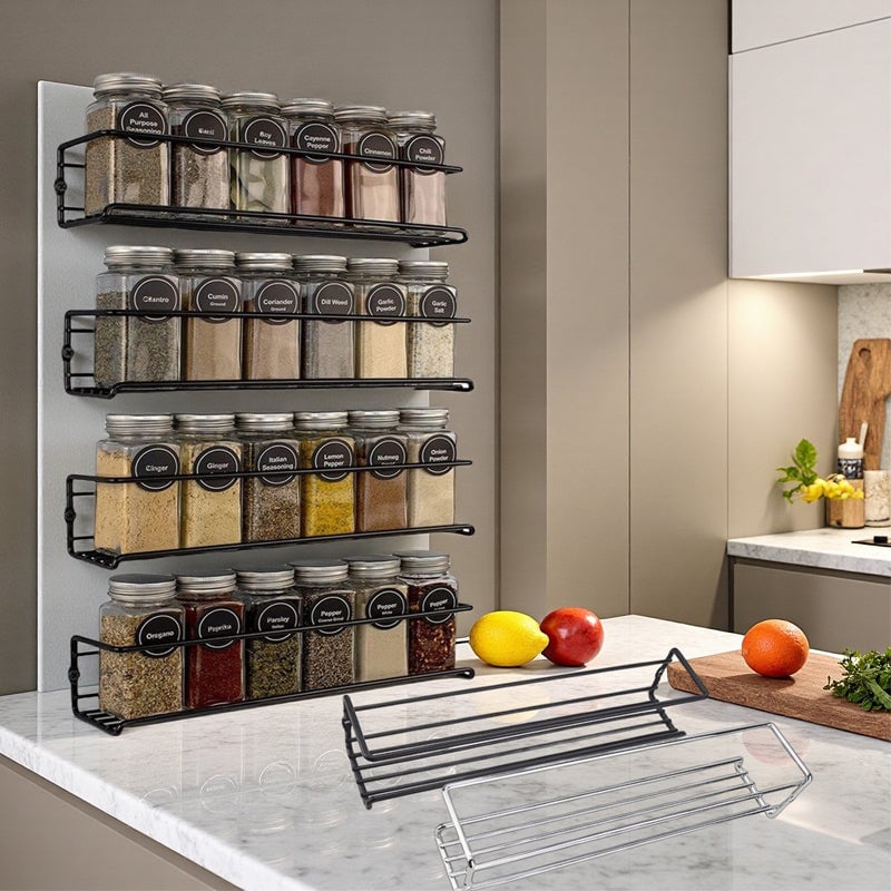 Detail of the carbon steel construction of a kitchen wall-mounted spice rack, highlighting durability.