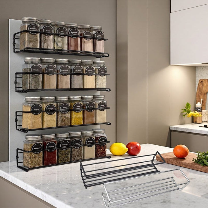 Detail of the carbon steel construction of a kitchen wall-mounted spice rack, highlighting durability.