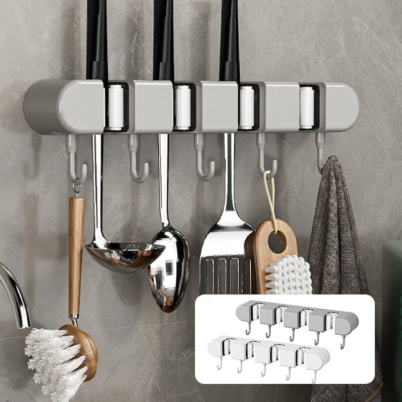 Robust wall hanger for cleaning supplies, including mops, brooms, and dustpans, with extra hooks