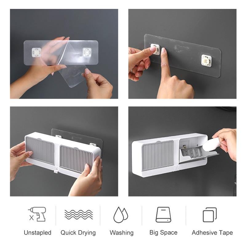 Compact shower accessory: self-draining wall-mounted soap holder, perfect for small bathrooms.