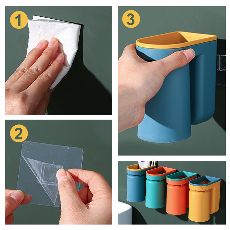 Close-up of a wall-mounted toothbrush holder with cups, displaying neat dental storage.