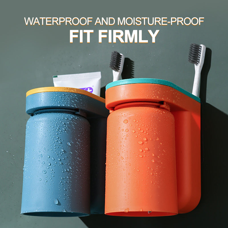 Bathroom wall with a sleek, space-saving toothbrush and cup holder for dental care.