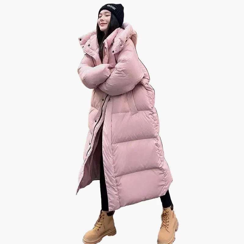 Warm women's long hooded quilted puffer coat, perfect for winter casual outerwear