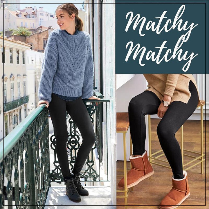 Women's cozy fleece lined leggings laid flat, emphasizing their soft texture and warmth.