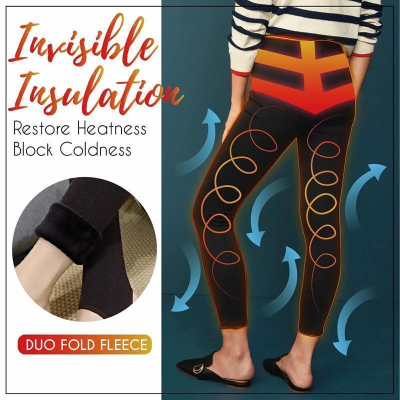A woman wearing black thermal fleece leggings, showcasing their stretchy fit and winter readiness.