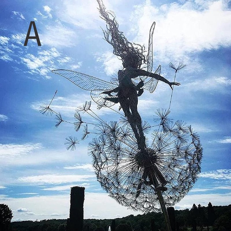 Whimsical dancing fairy garden statue, steel outdoor lawn ornament, perfect for garden & patio decor.