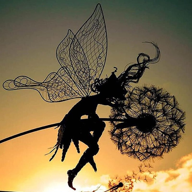 Elegant steel dancing fairy garden statue, whimsical metal art for outdoor gardens, lawns, and patios.