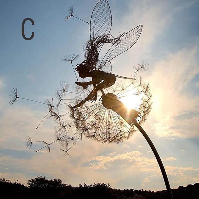 Delicate steel dancing fairy silhouette garden statue, whimsical metal art for elegant outdoor decor.