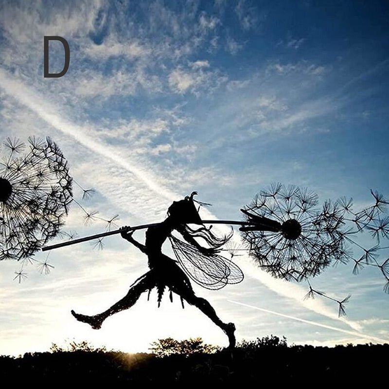Graceful steel dancing fairy garden statue, whimsical outdoor metal art & lawn stake for enchanting decor.