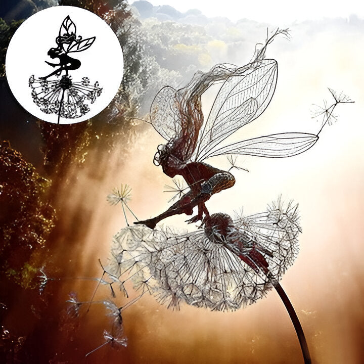 Whimsical fairy garden sculpture crafted from laser-cut steel, perfect for enchanting outdoor or indoor decor.
