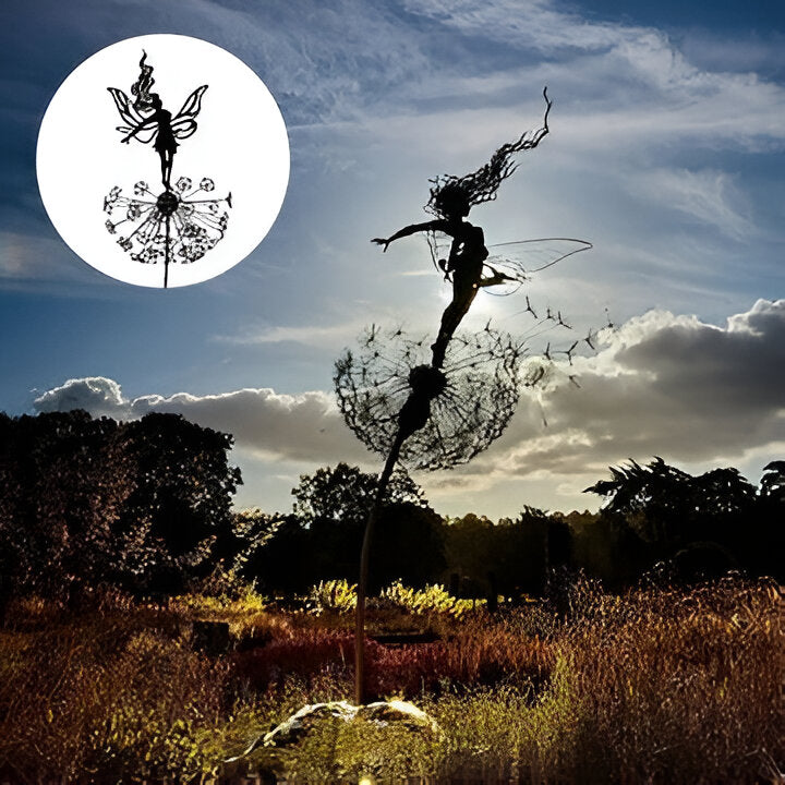 Delicate steel fairy art sculpture enhancing a patio garden. A charming outdoor lawn ornament or indoor home accent.