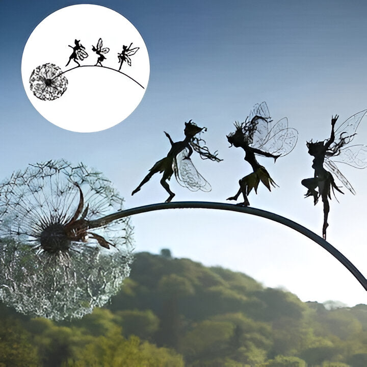 Laser-cut steel fairy sculpture with intricate details, ideal whimsical decor for gardens, patios, or indoor spaces.