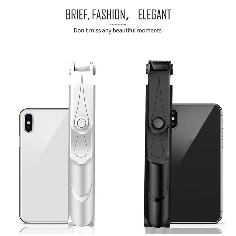 Black extendable monopod selfie stick, folded, showing Bluetooth remote attached for phones