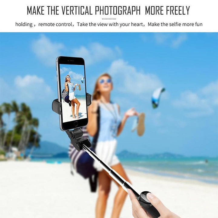 Portable camera gear: white Bluetooth selfie stick tripod, folded, easy to carry