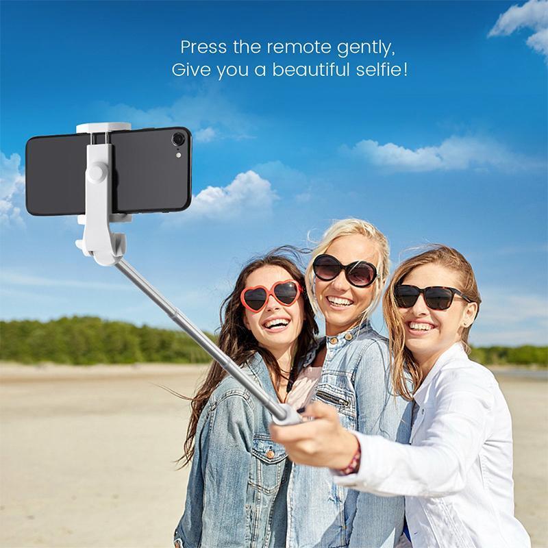 Unisex black selfie stick tripod, fully extended, showing sturdy construction for phone photography