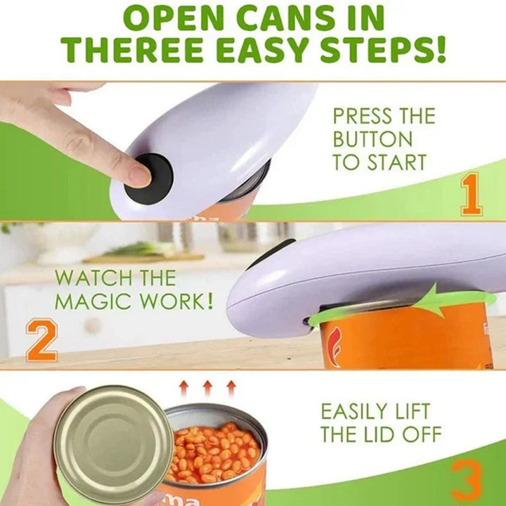 Silver electric automatic can opener with black accents, home kitchen cooking tool