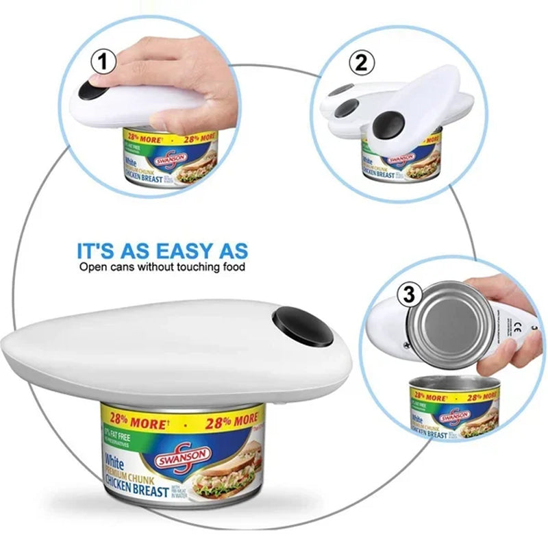 Ergonomic electric automatic can opener, designed for comfort and ease of use in the kitchen