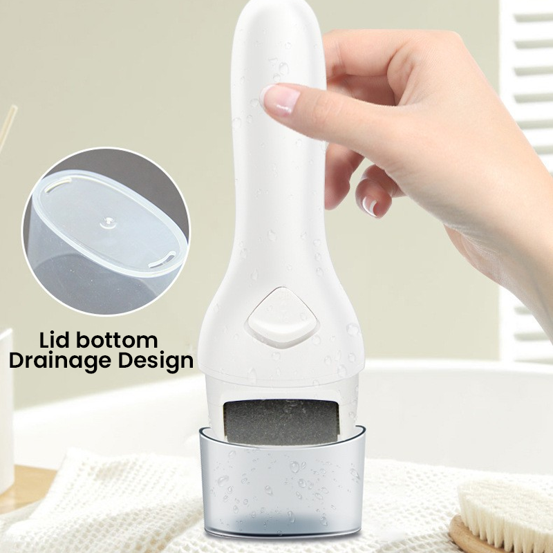 Rechargeable electric foot exfoliator for dry skin, showcasing fine and coarse rollers for foot care