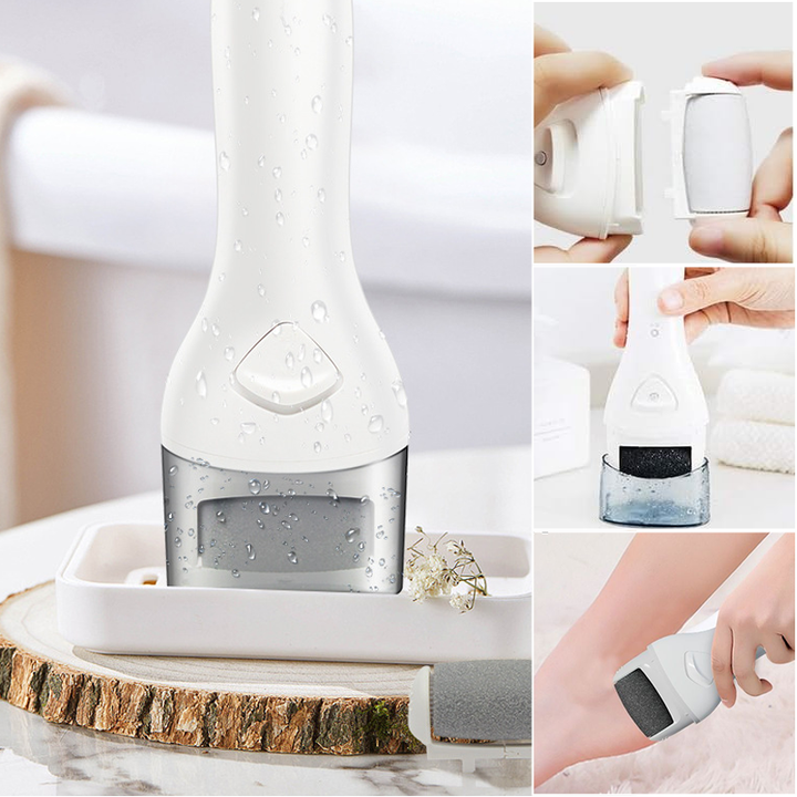 Electric foot sander with LED display, highlighting battery life and speed settings for foot care