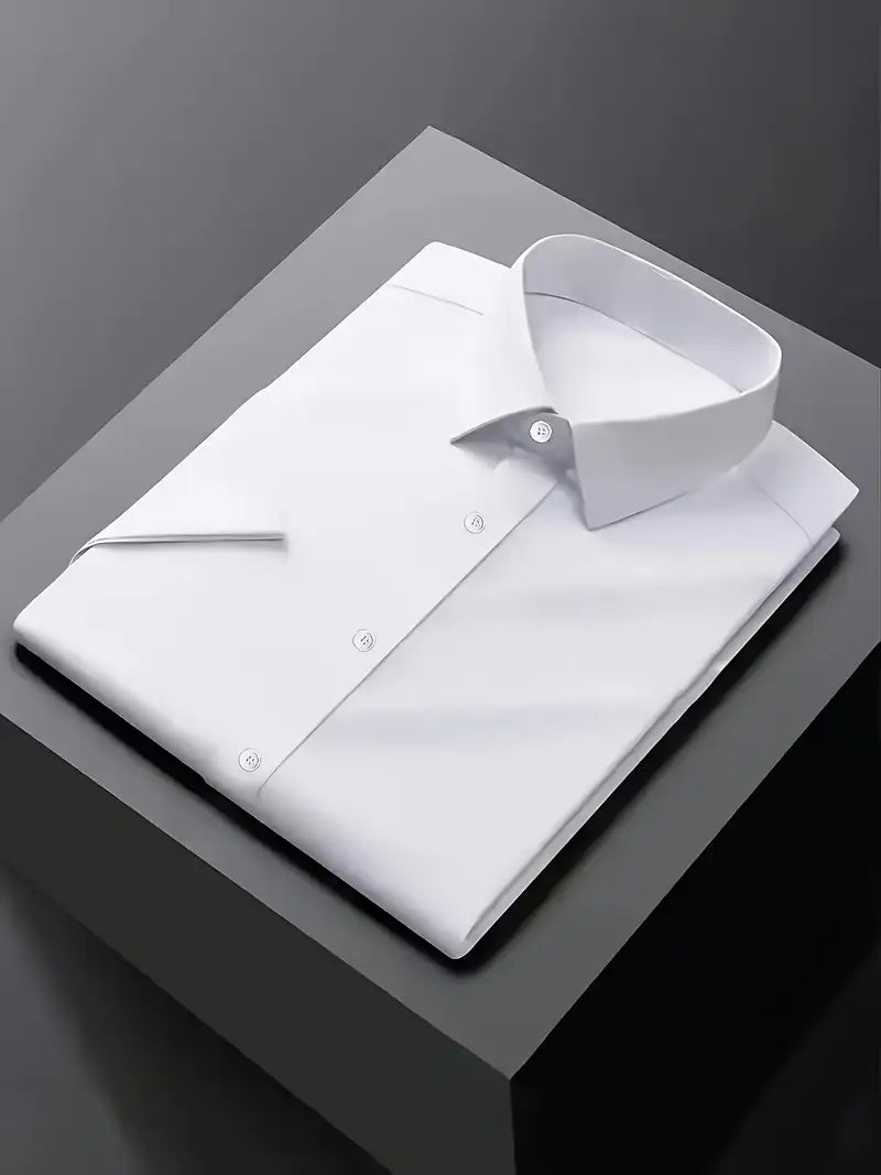 Black men's slim fit formal dress shirt, perfect for business casual or elegant professional attire.