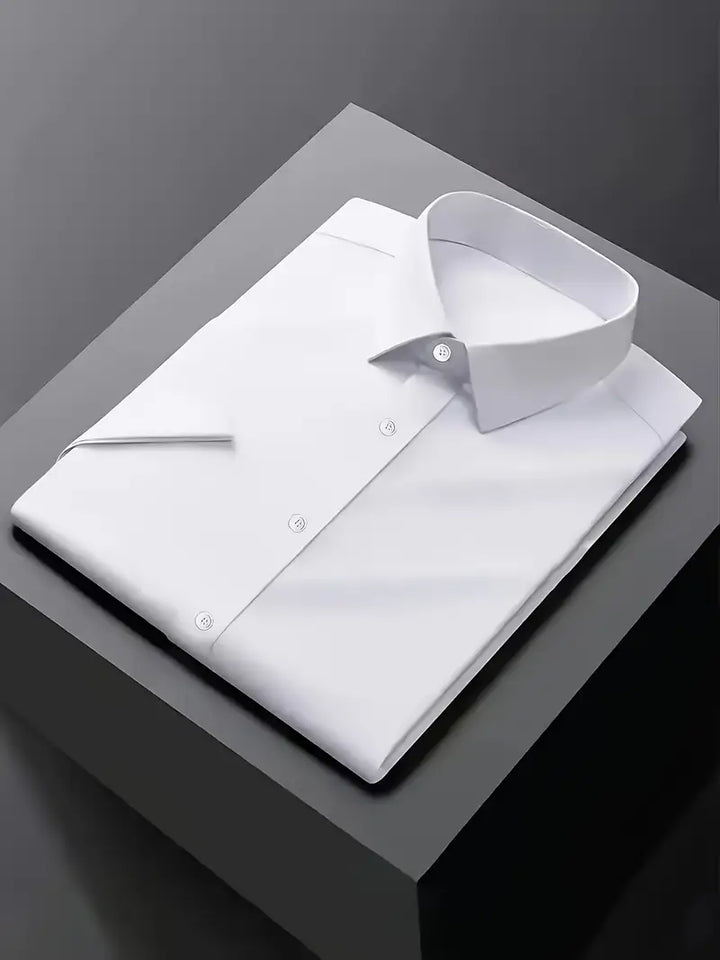 Black men's slim fit formal dress shirt, perfect for business casual or elegant professional attire.