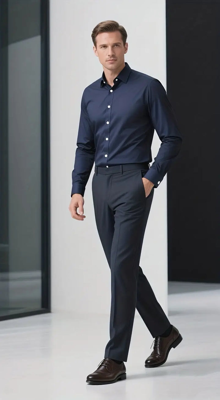 Tailored men's slim fit long sleeve dress shirt, ideal for a modern professional and smart casual look.