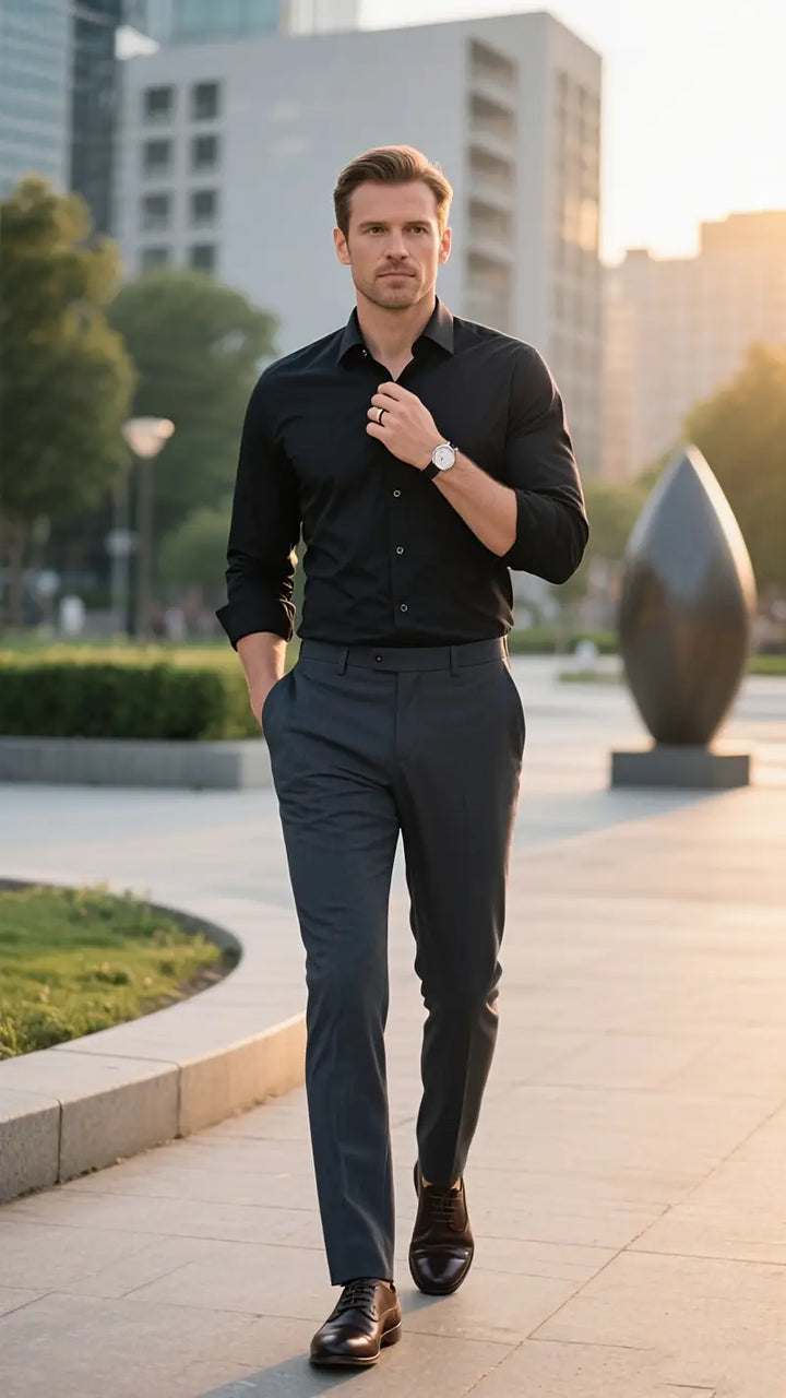 Professional button-down men's slim fit dress shirt, versatile for office or special occasions.