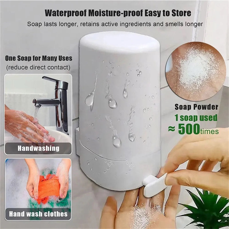 Close-up of a white wall-mounted soap dispenser, manually grinding bar soap.