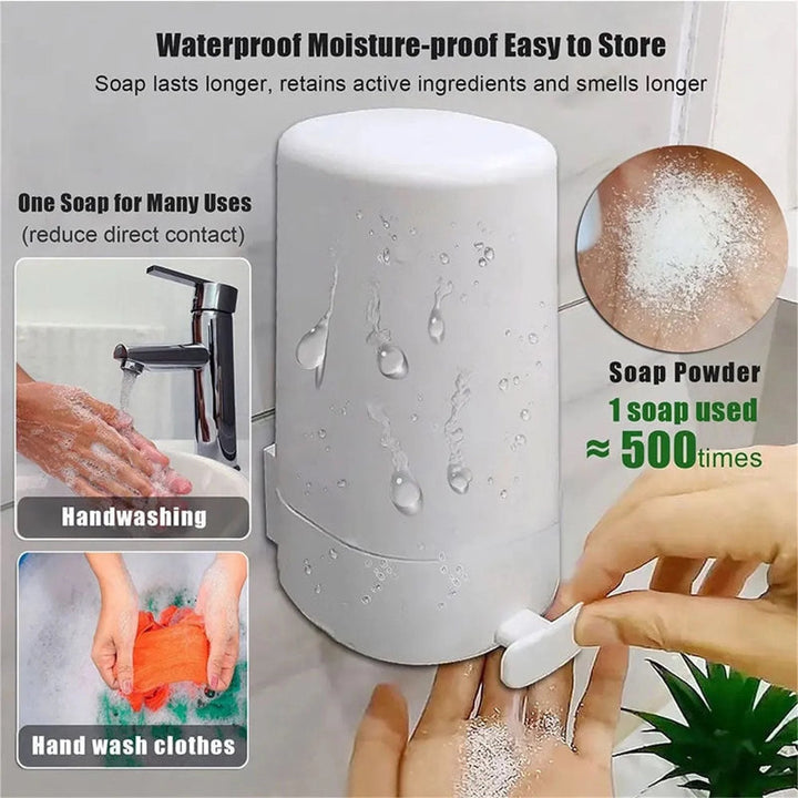 Close-up of a white wall-mounted soap dispenser, manually grinding bar soap.
