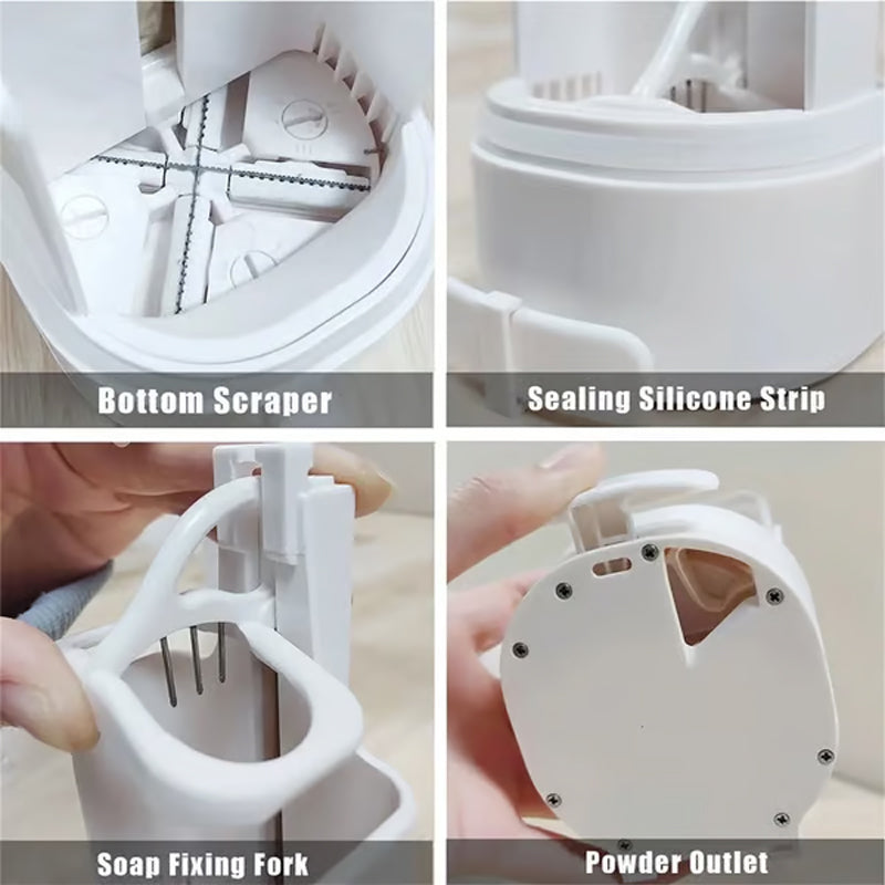 White plastic kitchen-friendly manual bar soap grinder, saving counter space.